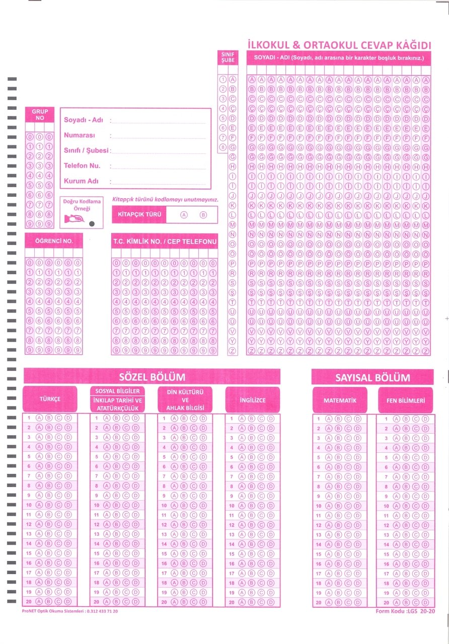 OPTİK FORM (TÜM SINIFLAR İÇİN)